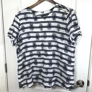 Lands End 100% Linen Short Sleeve Top White Blue Women’s XL Stripes Palm Leaves